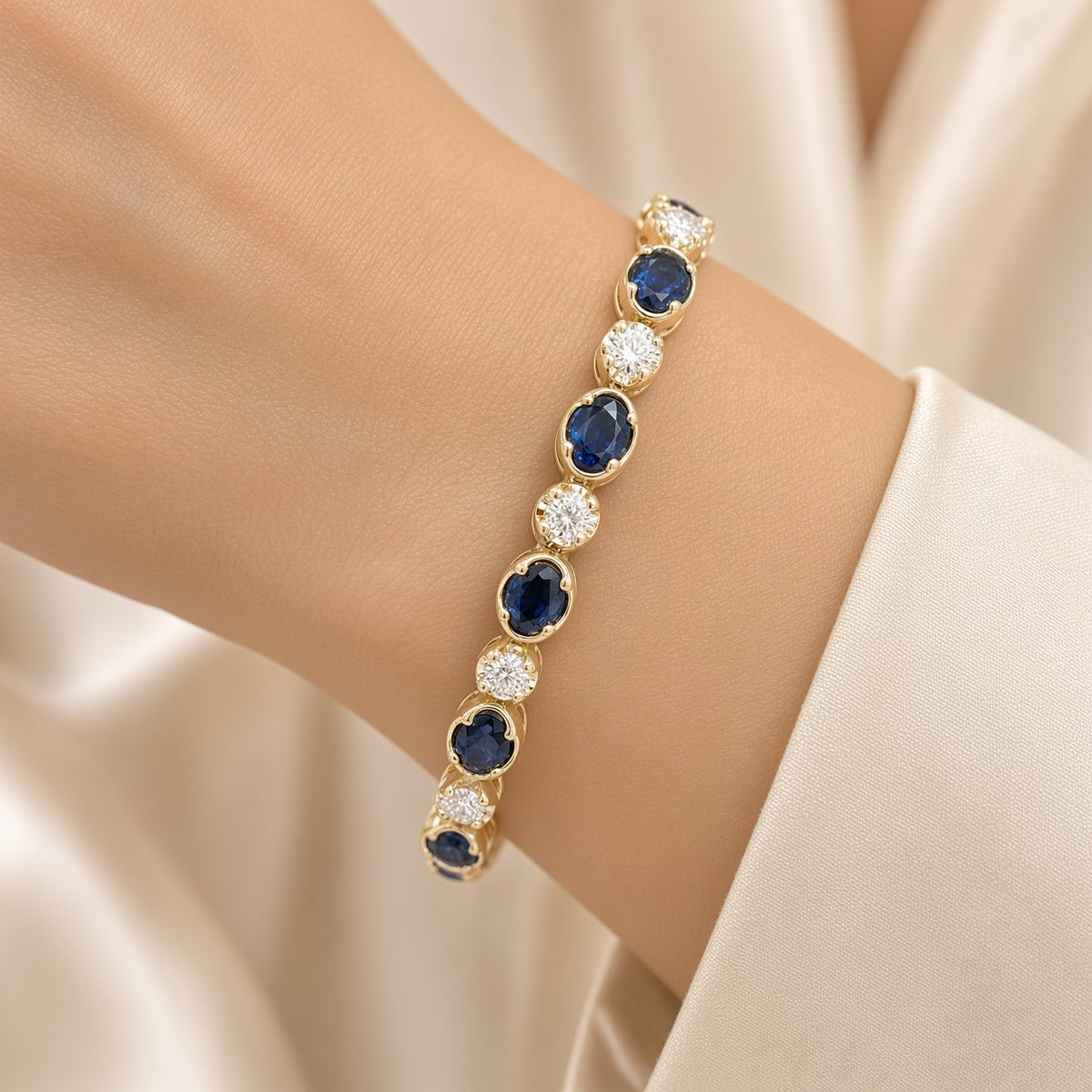 Oval Sapphire & Diamond Tennis Bracelet in 18K Yellow Gold