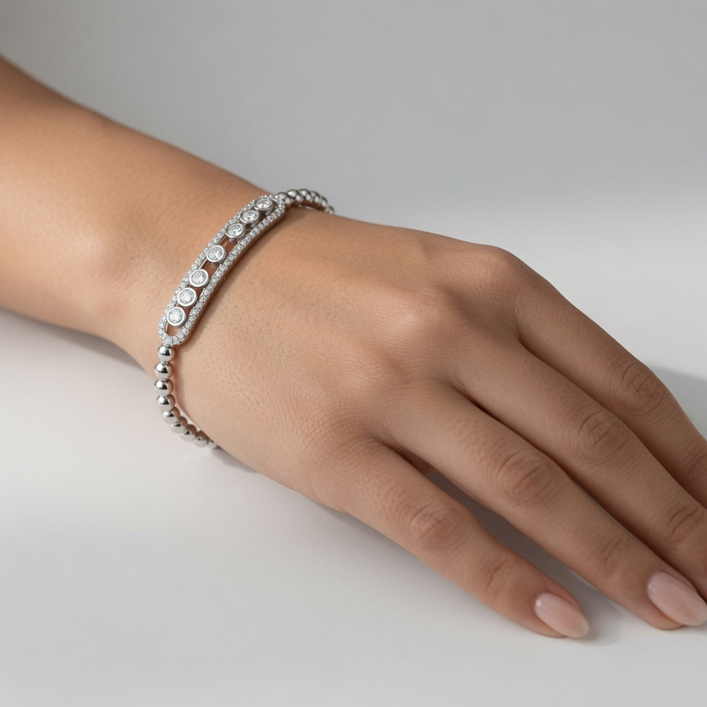 14K White Gold Moving Diamond Bar Bracelet