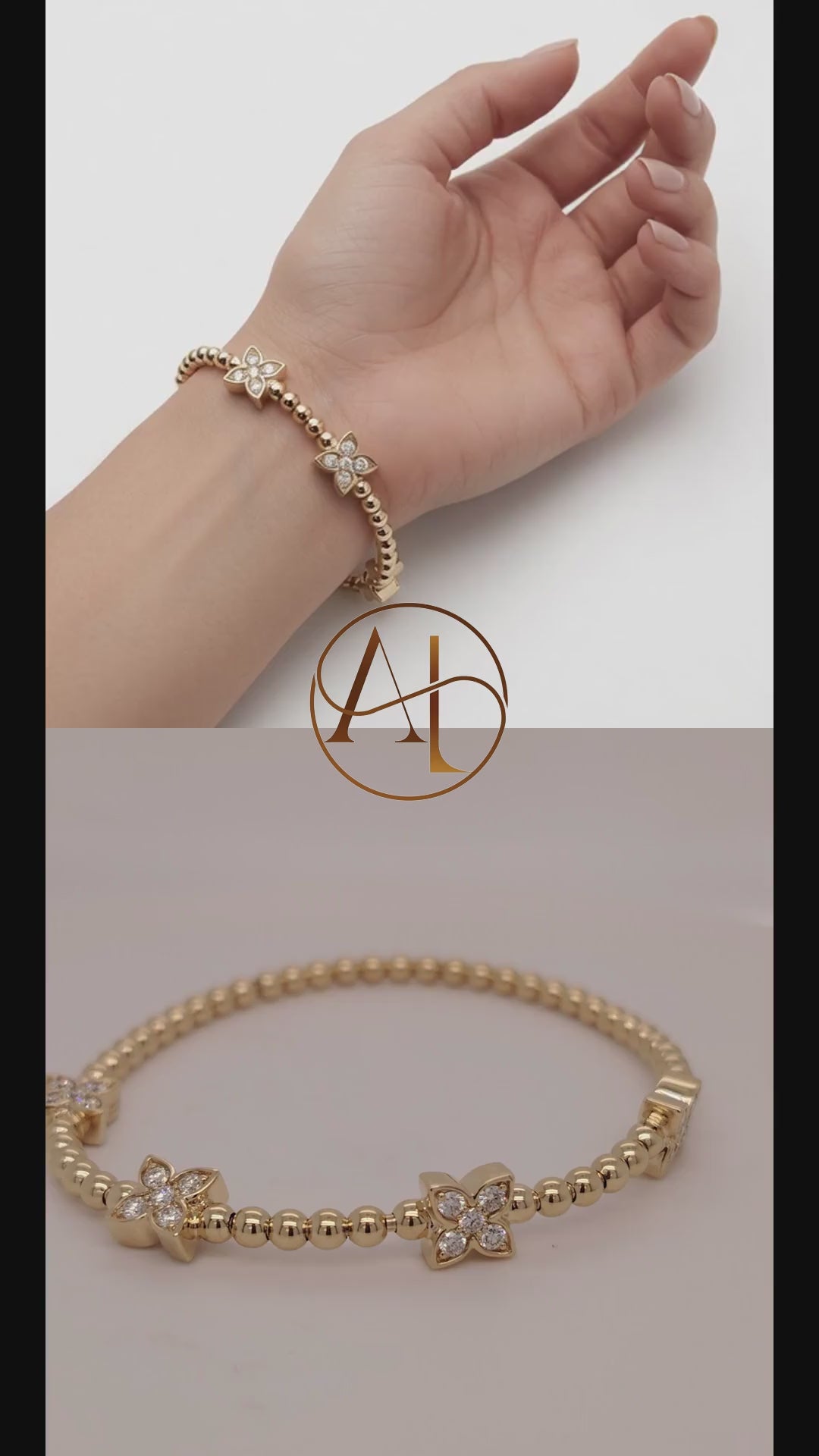 18K Gold Beads Diamond Flower Stretch Bracelet