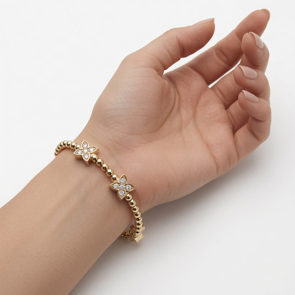 18K Gold Beads Diamond Flower Stretch Bracelet